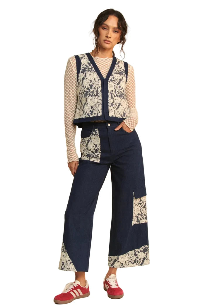 Davi & Dani Lace Patch Open Front Denim Vest