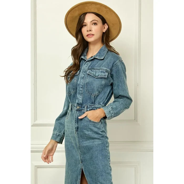 Denim Long Sleeve Trucker Dress - Greige Goods