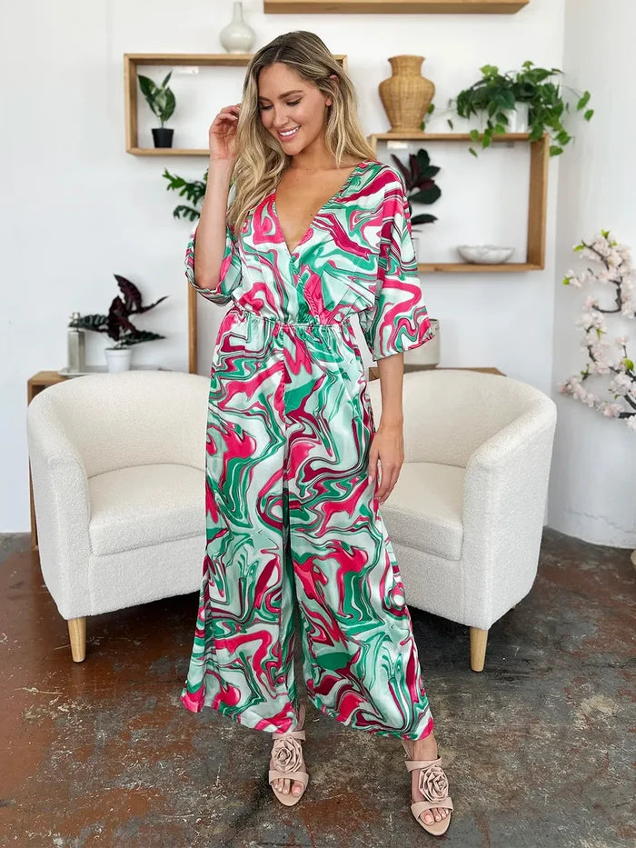 Double Take Half Sleeve Ruched Wide-Leg Jumpsuit