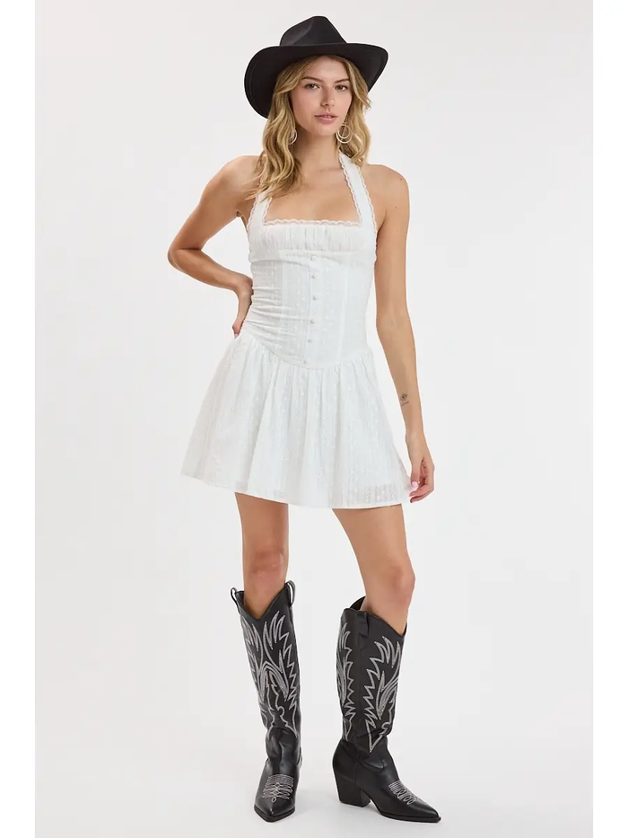 Eyelet Print Halter Lace Mini Dress - Greige Goods