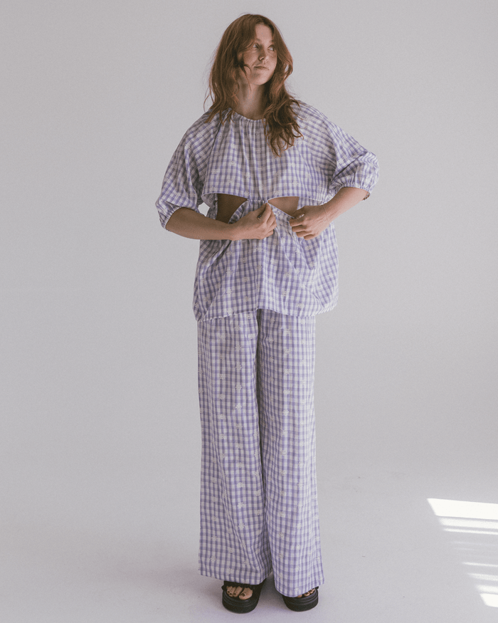 FINAL SALE | Posey Pants | Lavender Gingham Embroidery