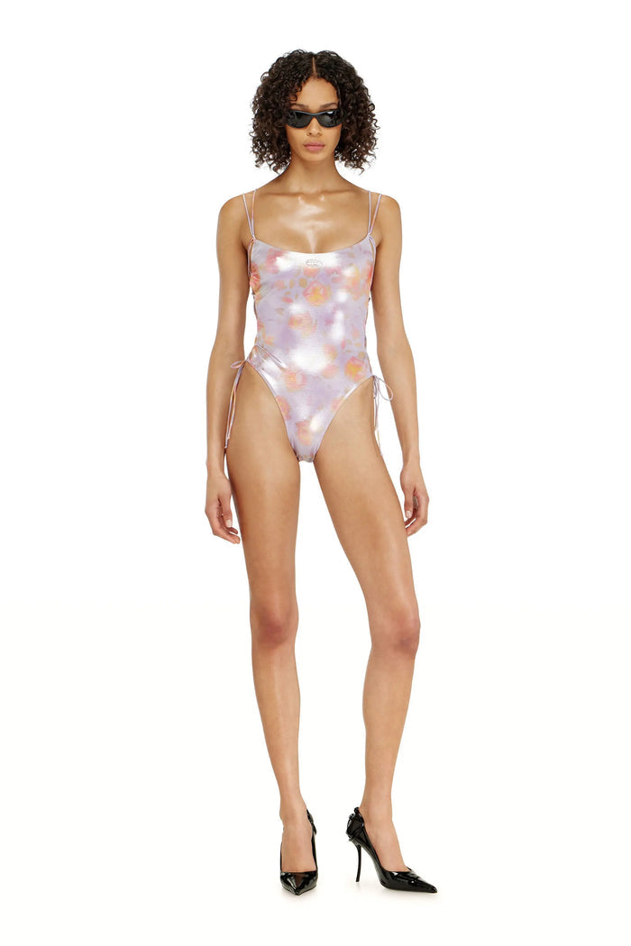 Floral metallic lace-up swimsuit
