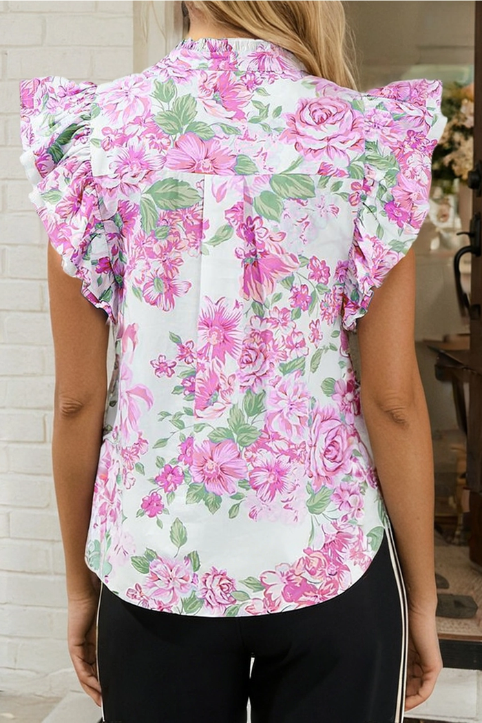 Floral Print Ruffle Sleeve Blouse - Greige Goods