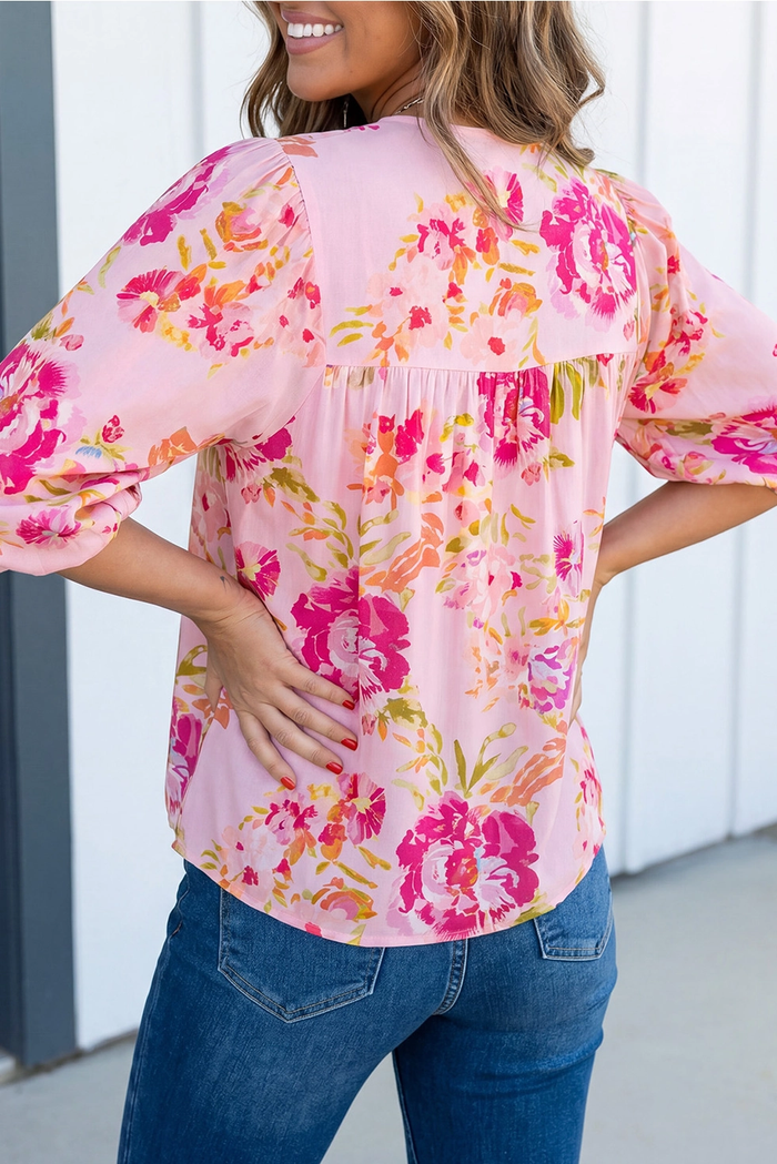 Floral Print Tie Blouse - Greige Goods