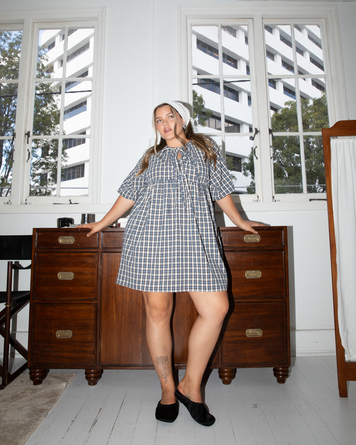Florence Mini Dress in Denim Gingham - Mini Dress in Extended Size Range AU 6-26 - The Lullaby Club