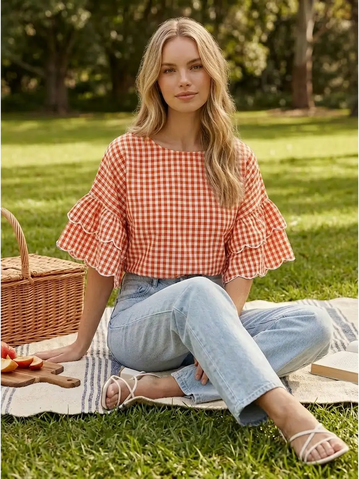 Gingham Ruffle Sleeve Top - Greige Goods