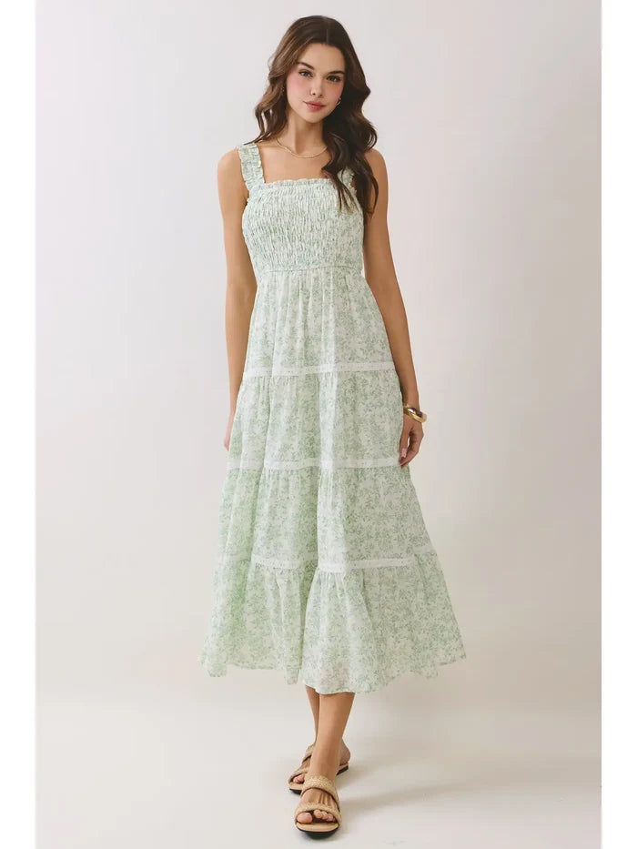 GREEN FLORAL SMOCKED MIDI