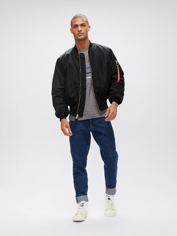 Alpha Industries MA-1 Blood Chit Flight Jacket, Black, Zipper Closure.