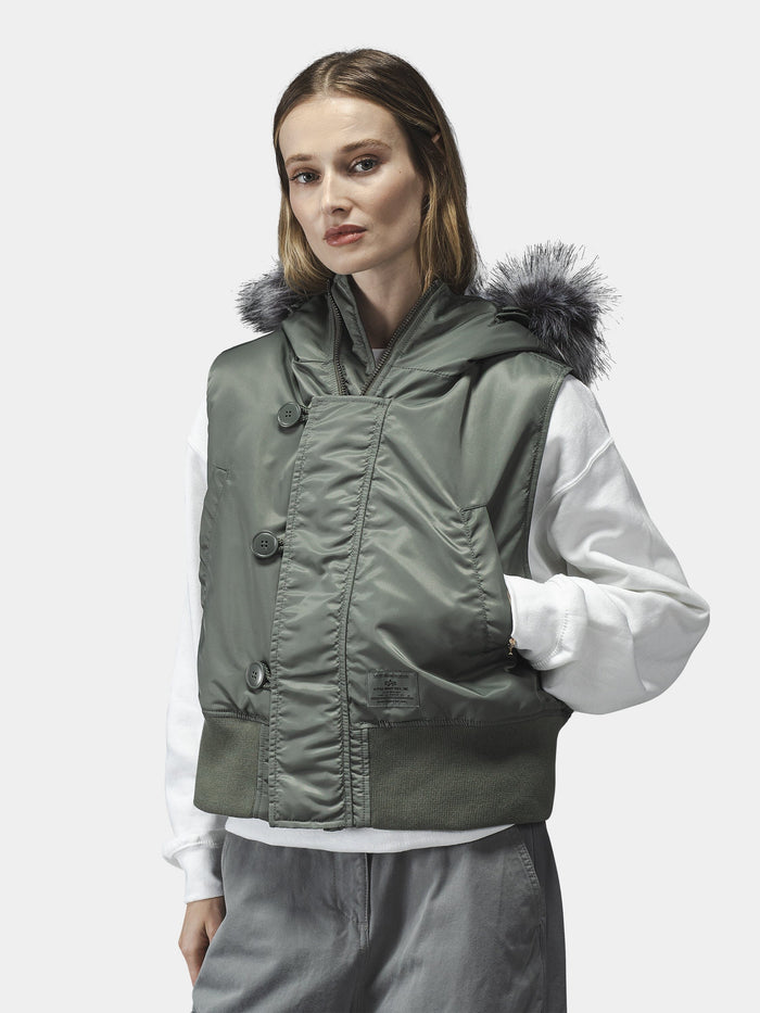 Alpha Industries N-2B Vest Womens, faux fur hood, white sweatshirt, gray pants.