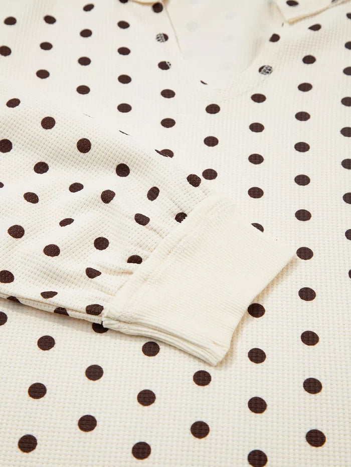 Polka Dot Notched Long Sleeve Top and Drawstring Joggers Lounge Set