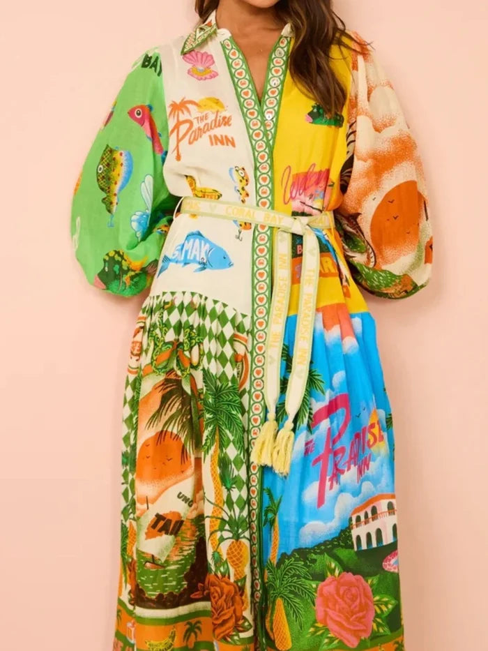 Printed Lantern Sleeve Midi Shirt Dress
