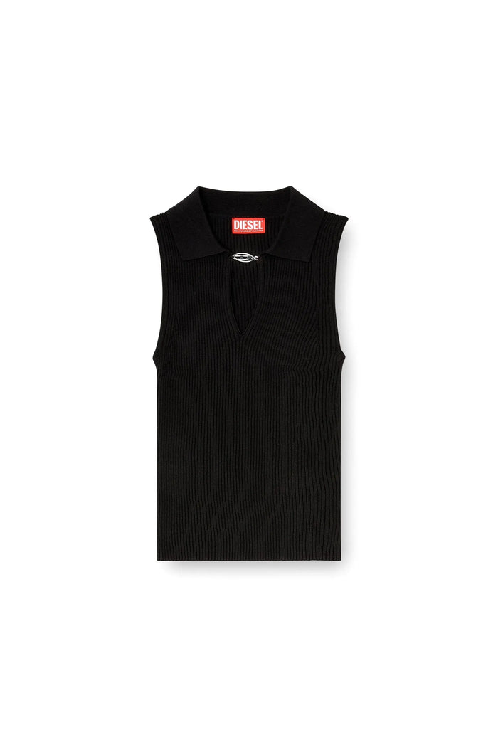 Sleeveless rib-knit polo top in silk blend