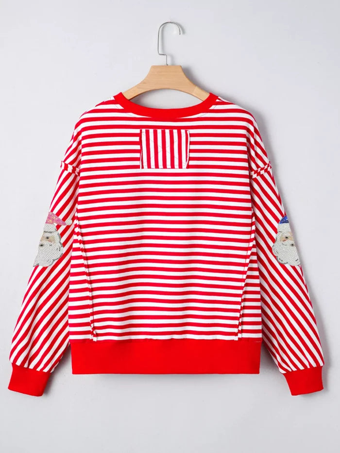 Stripe Sequin Santa Round Neck Raw Seam Detail Christmas Long Sleeve Top