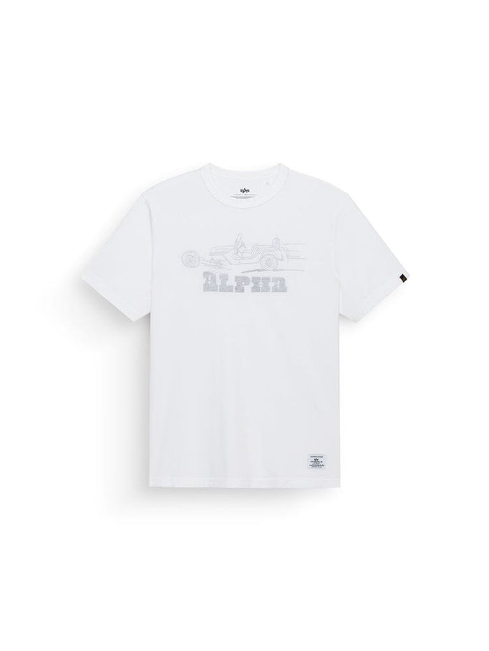 Alpha Industries 1940s Gp Jeep Tee white short-sleeve graphic tee with light gray faded race car and Alpha print on front, logo tag on 210 gsm bottom hem.