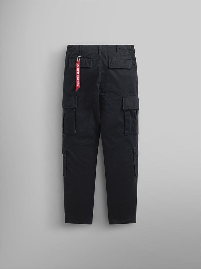Alpha Industries Acu Pant in black with multiple utility pockets and red Remove Before Flight keychain.