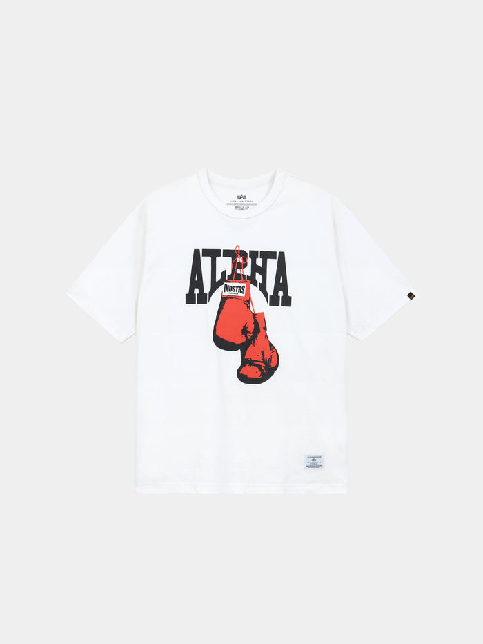 Alpha Boxer Tee by Alpha Industries in white, 100% cotton, with Ali Sha lettering and red boxing gloves graphic labeled Boxer.