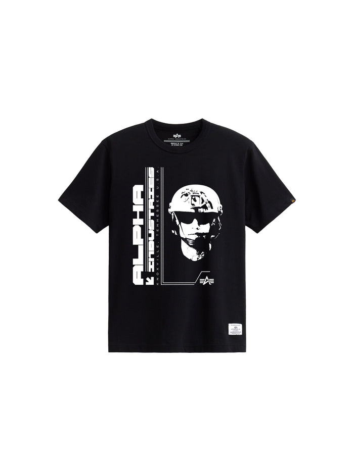 Alpha Commander Tee by Alpha Industries, black graphic tee, helmet and “Alpha Industries” print, 210 GSM fabric.