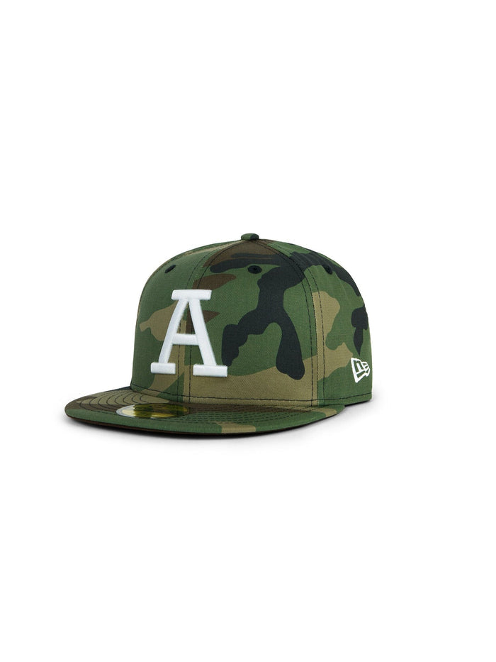 Alpha Industries 5950 Collegiate A Hat, green camouflage design, large white A on front, Alpha Industries logo on left side.