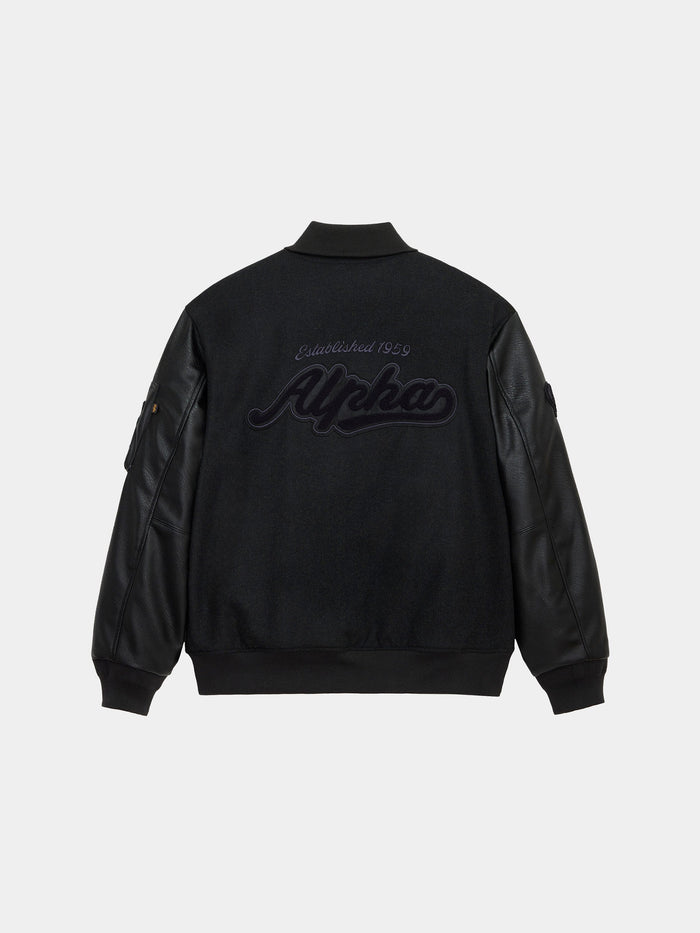 Alpha Letterman Jacket by Alpha Industries with wool-blend body, faux leather sleeves, and "Alpha Established 1959" on back.