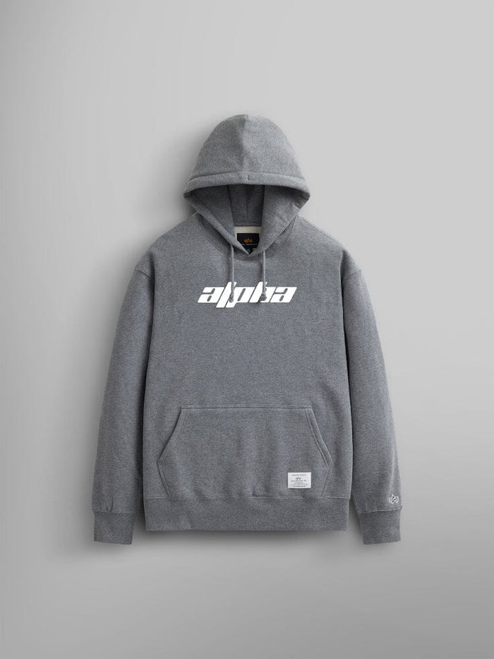 The Alpha Logos Hoodie from Alpha Industries, comes in a medium charcoal heather color and features a kangaroo pocket with the "Alpha" logo printed in white on the chest.