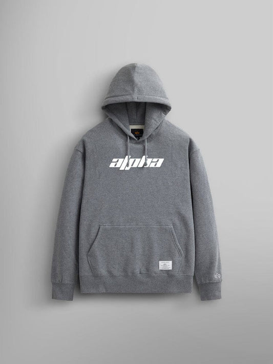 The Alpha Logos Hoodie from Alpha Industries, comes in a medium charcoal heather color and features a kangaroo pocket with the "Alpha" logo printed in white on the chest.