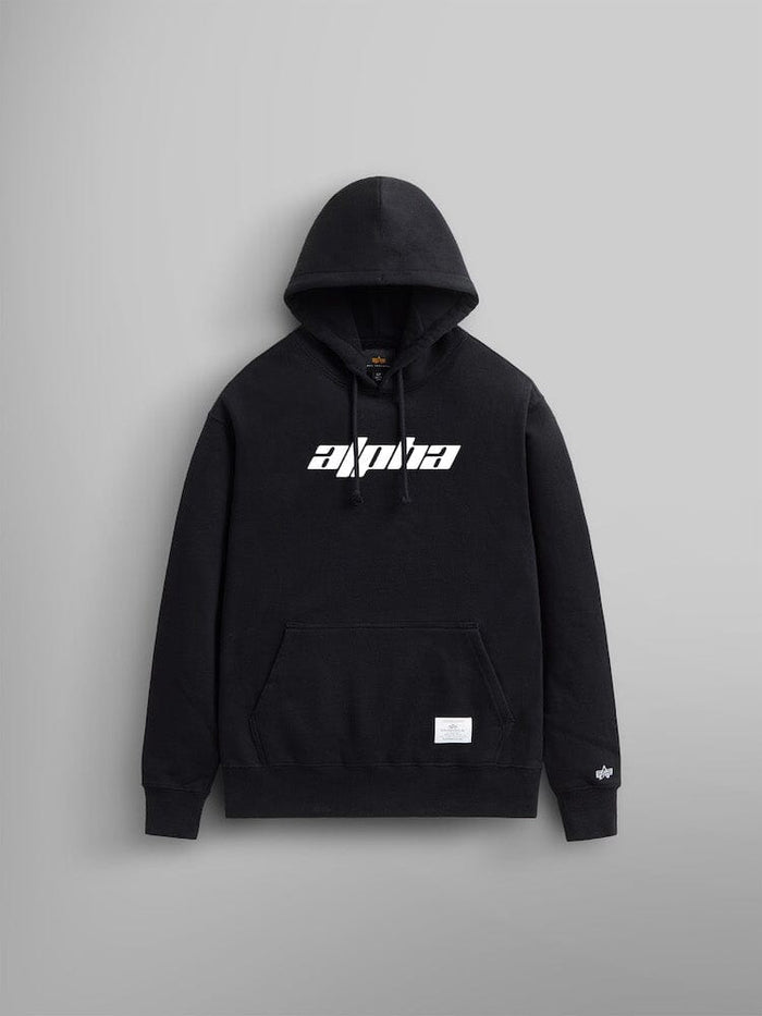 Alpha Logos Hoodie by Alpha Industries in black showcases the striking Alpha logo on the front, includes a kangaroo pocket and an adjustable drawstring hood, presented against a gray backdrop.