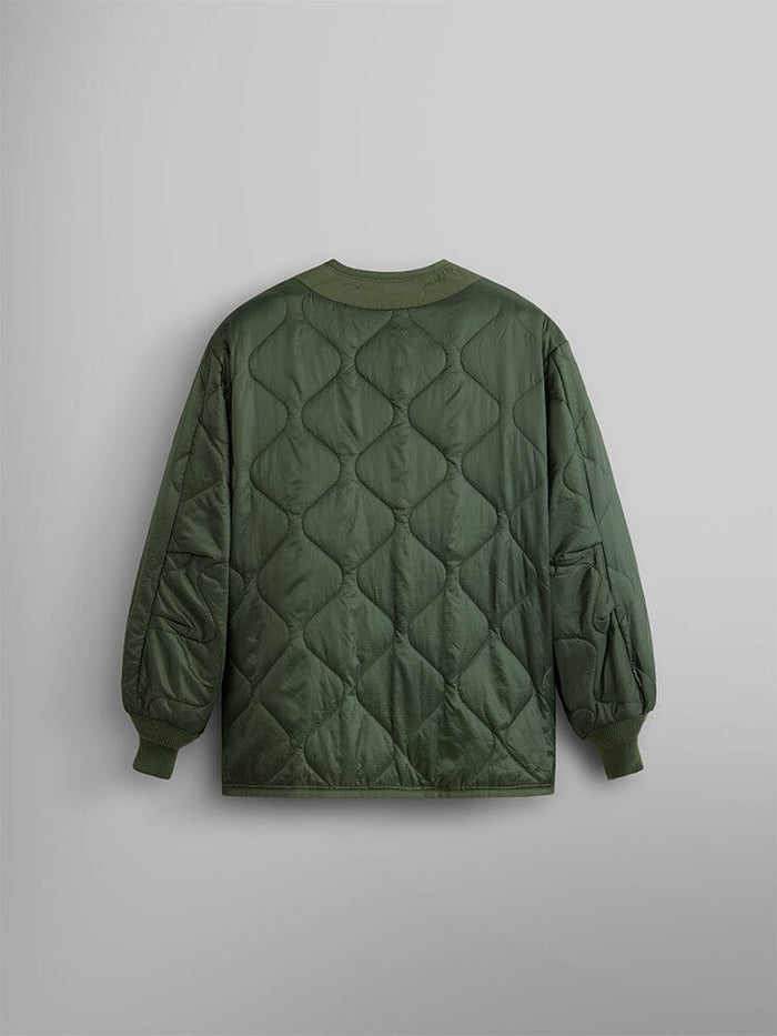 Als/92 Liner by Alpha Industries, green quilted jacket with ribbed cuffs and collar, inspired by an M-65 field jacket liner.