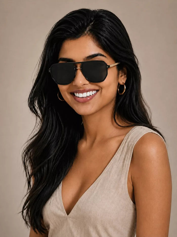 Aviator Sunglasses with Black Lenses and Gold Accents