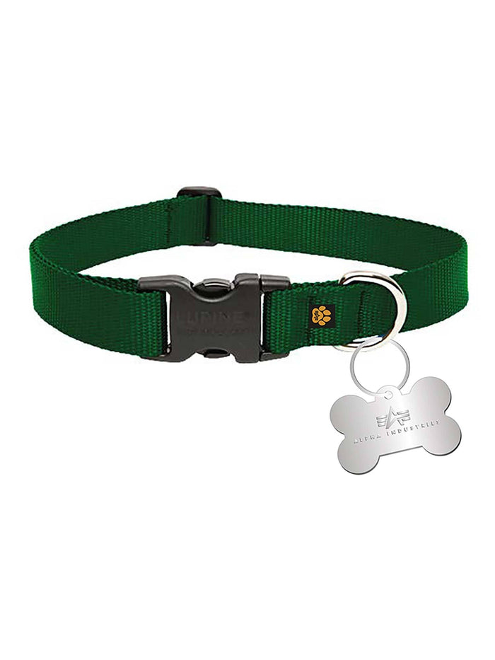Alpha Industries Basic Dog Tag Collar in dark olive, adjustable nylon strap, black plastic buckle, metal ring, silver bone-shaped tag.