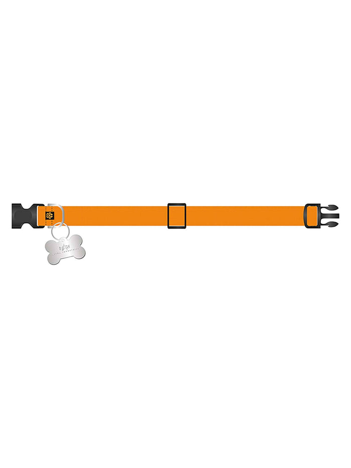 Alpha Industries Basic Dog Tag Collar, Emergency Orange, adjustable fit, black plastic buckle, silver bone-shaped dog tag.