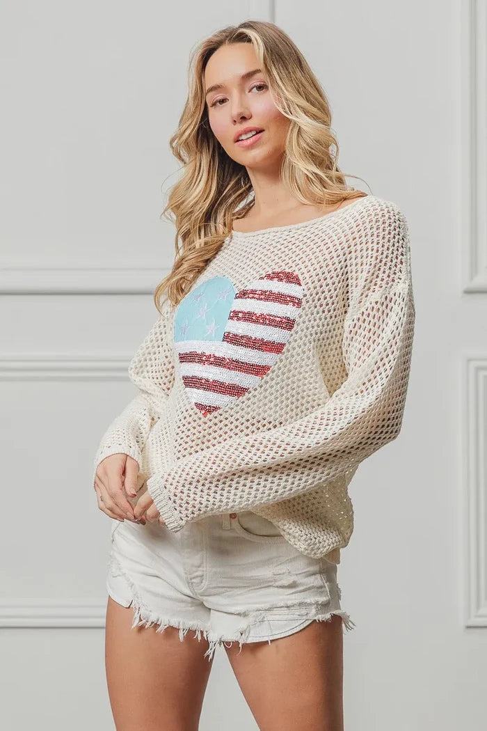 BiBi Sequin American Flag Heart Knit Up