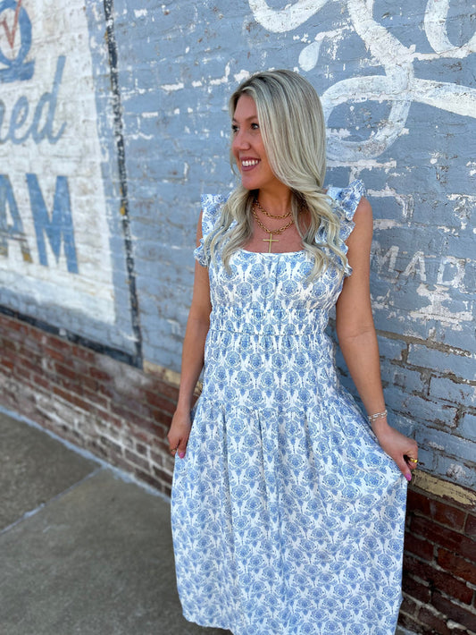 BLUE FLORAL SMOCKED DRESS