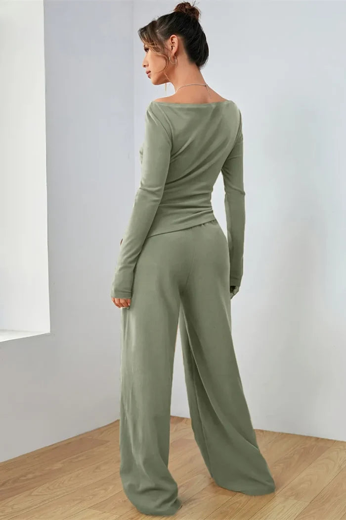 Boat Neck Long Sleeve Top and Pants Set