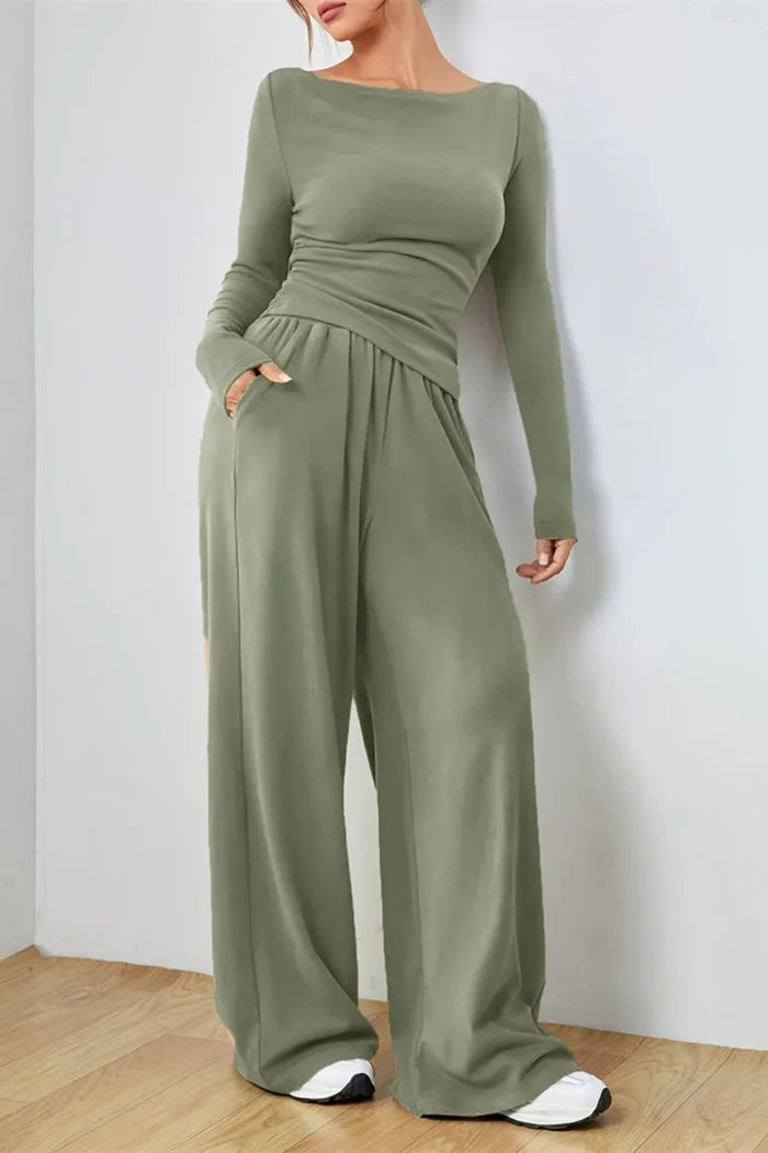 Boat Neck Long Sleeve Top and Pants Set