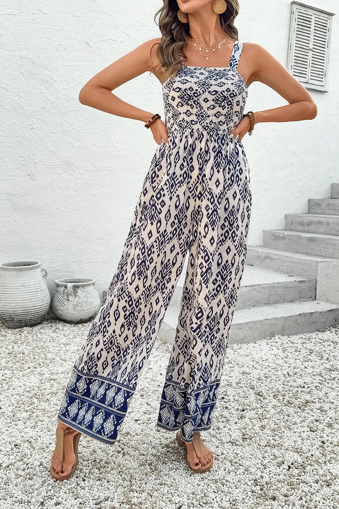 Bohemian Print Smocked Wide-Leg Jumpsuit