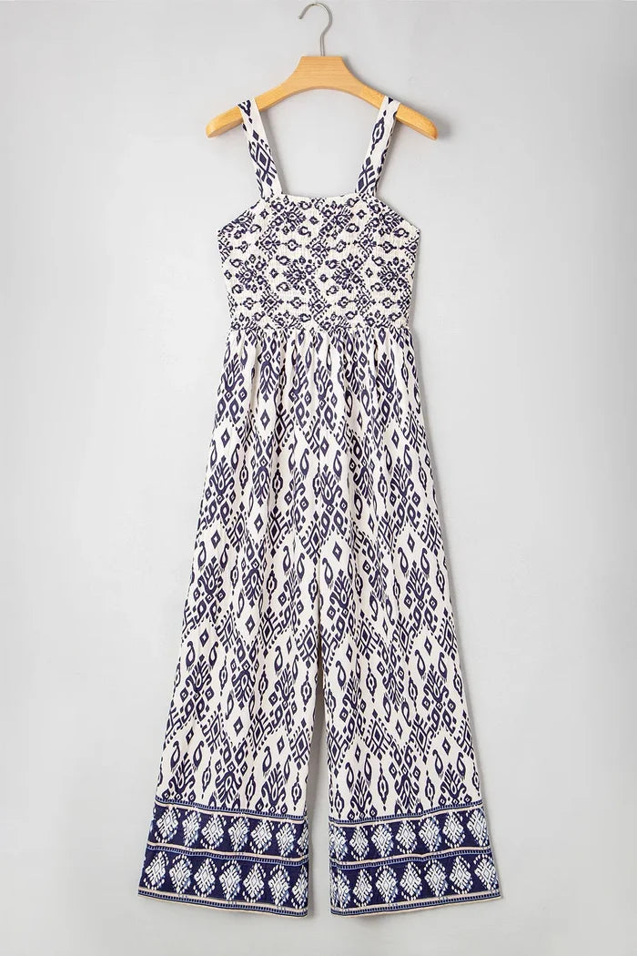 Bohemian Print Smocked Wide-Leg Jumpsuit
