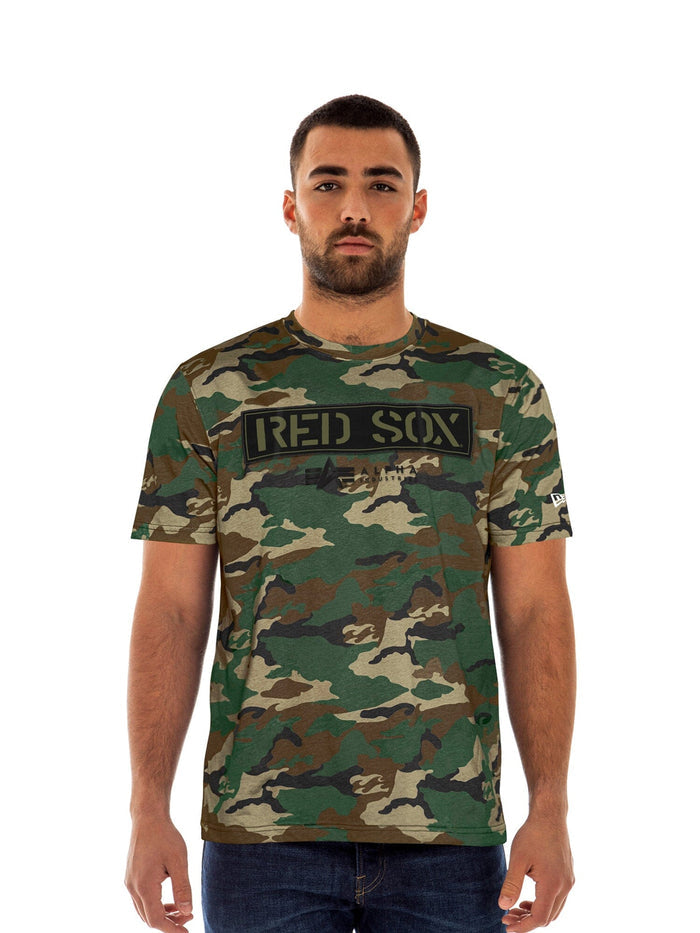 Boston Red Sox X Alpha X New Era Camo T-Shirt by Alpha Industries, green camo pattern, Red Sox in twill applique on front.