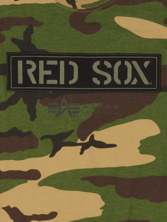 Boston Red Sox X Alpha Industries Camo T-Shirt, camo design, black patch with red sox text, faded Alpha Industries logo, twill applique accents.