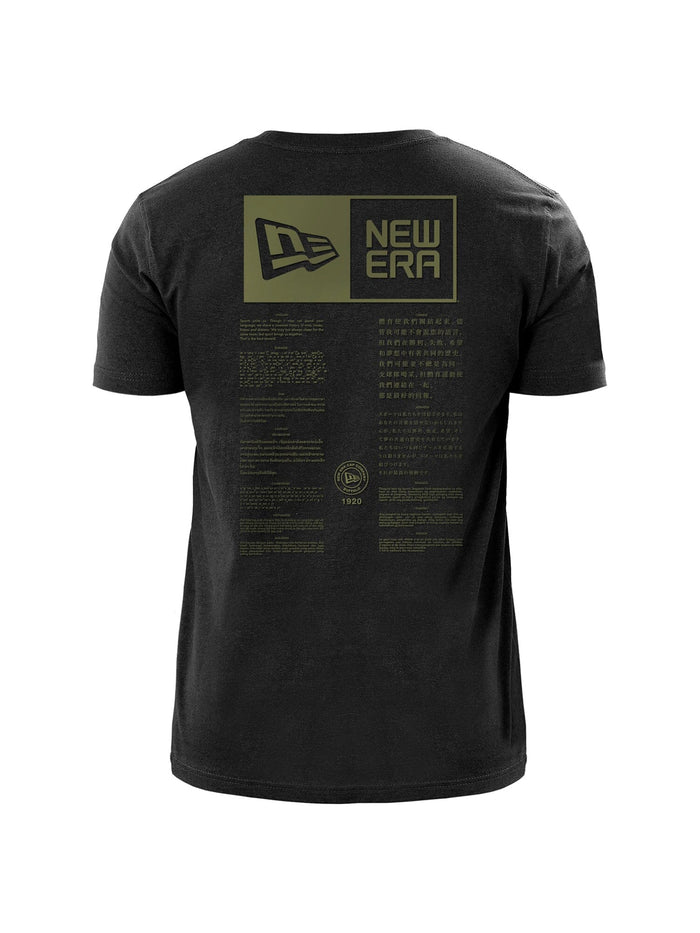 Boston Red Sox X Alpha Industries X New Era T-Shirt, olive-green team logo and multilingual text on back.