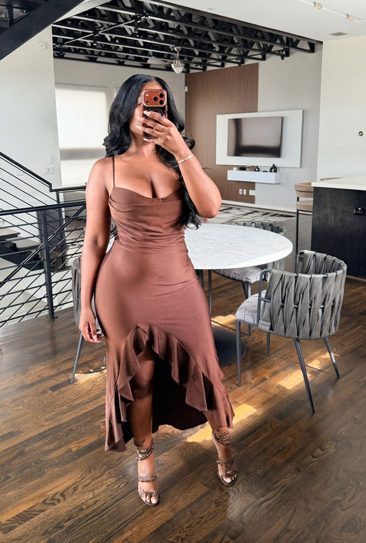Brown Ruffle Slip Dress