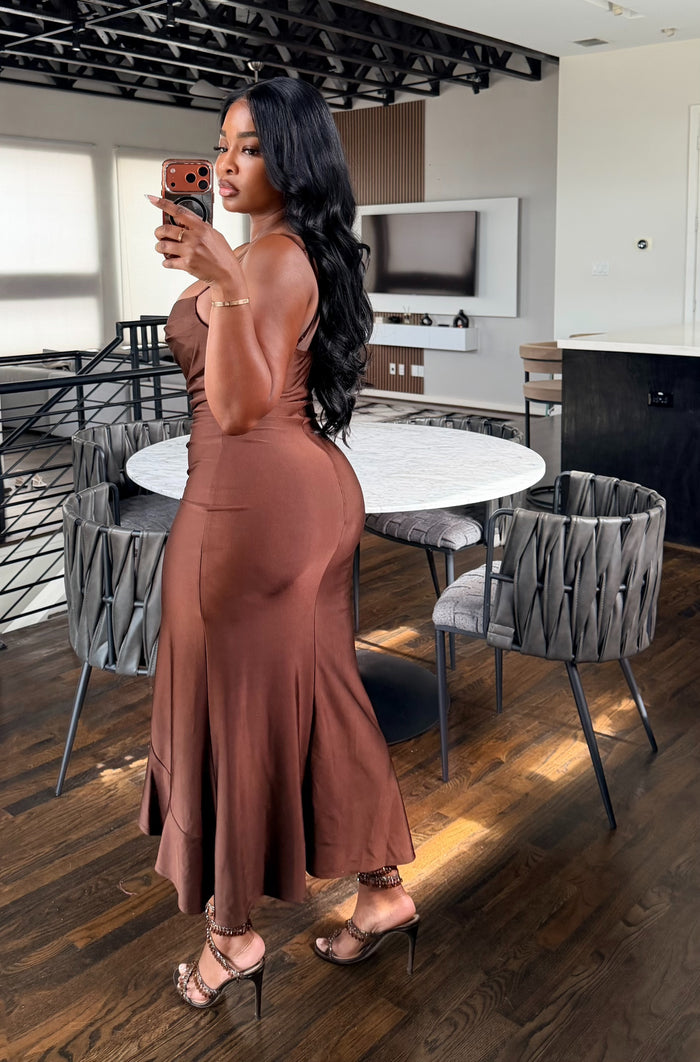 Brown Ruffle Slip Dress