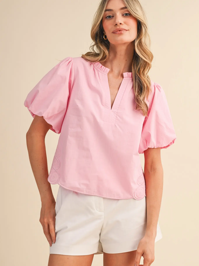 Bubble Sleeve Top with Side Embroidery