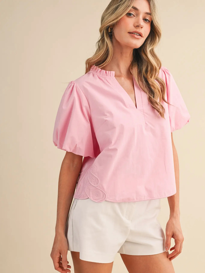 Bubble Sleeve Top with Side Embroidery