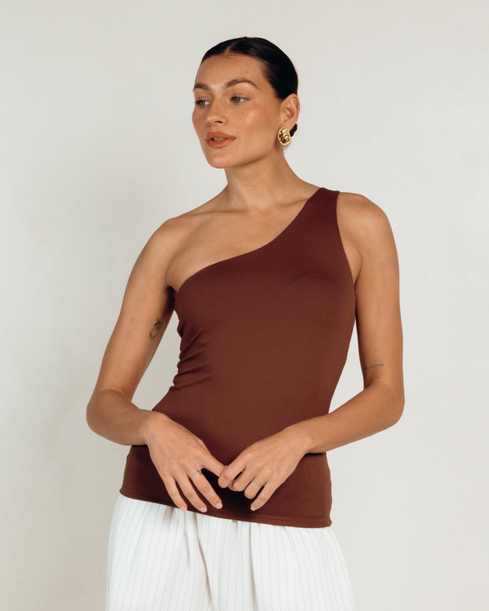 Butter One Shoulder Top in Brown - Maternity & Postpartum Friendly Fashion - The Lullaby Club