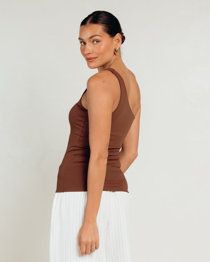Butter One Shoulder Top in Brown - Maternity & Postpartum Friendly Top - The Lullaby Club