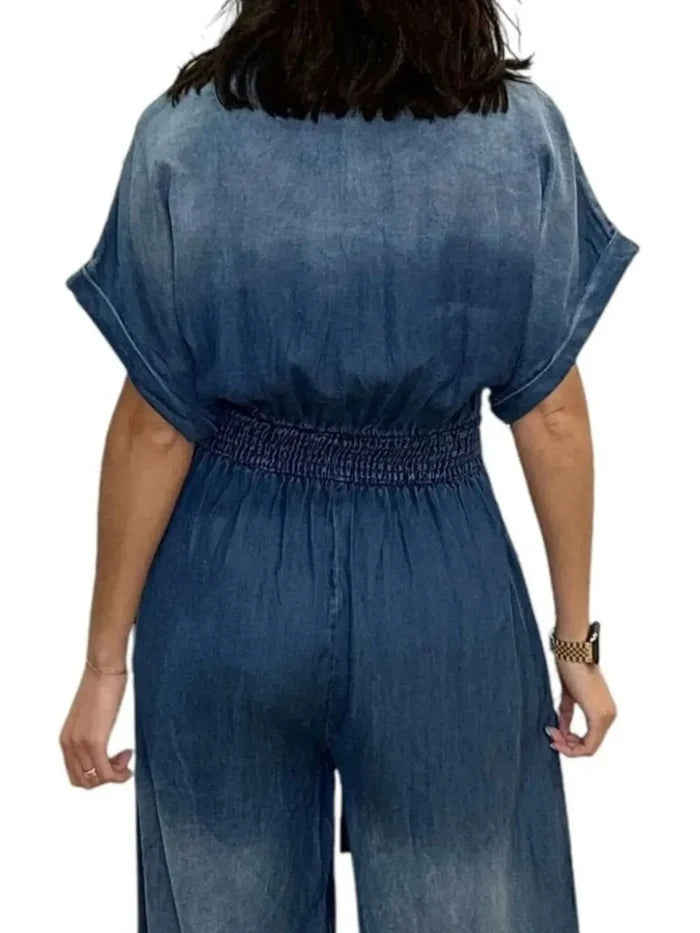 Button Front Wide Leg Denim Jumpsuit