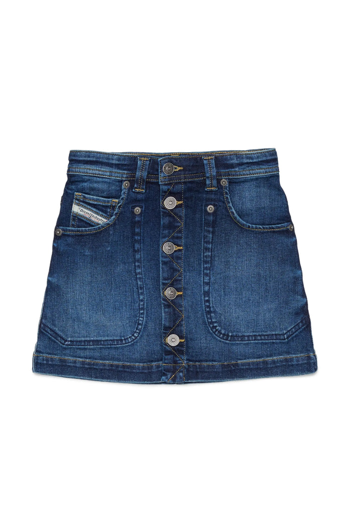 Button-through denim mini skirt
