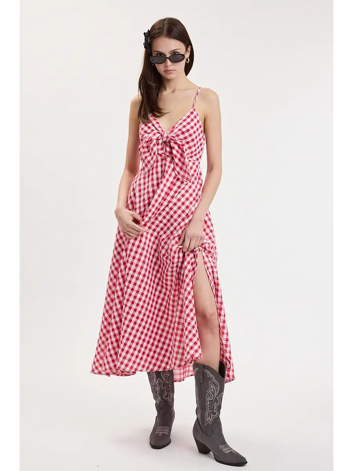Checker Crossed Strap Midi Dress - Greige Goods