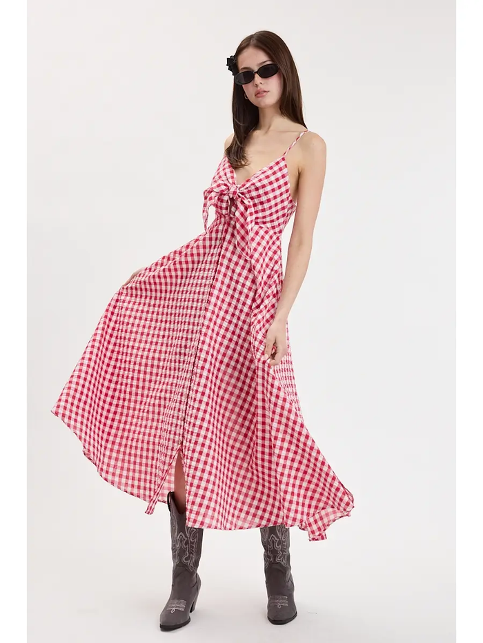 Checker Crossed Strap Midi Dress - Greige Goods