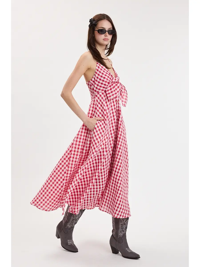 Checker Crossed Strap Midi Dress - Greige Goods